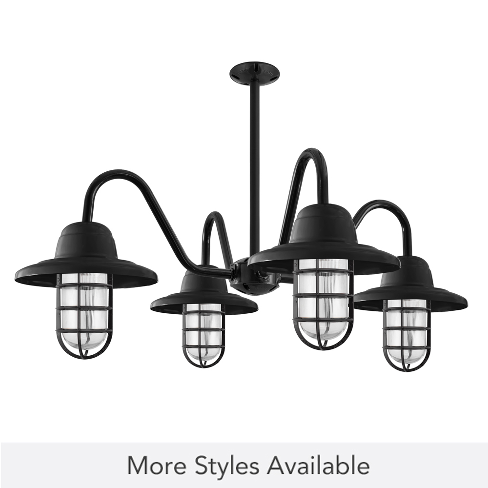 Aldrin LED 4-Light Chandelier, 100-Black, Warehouse Shade, CGG-Standard Cast Guard, RIB-Ribbed Glass